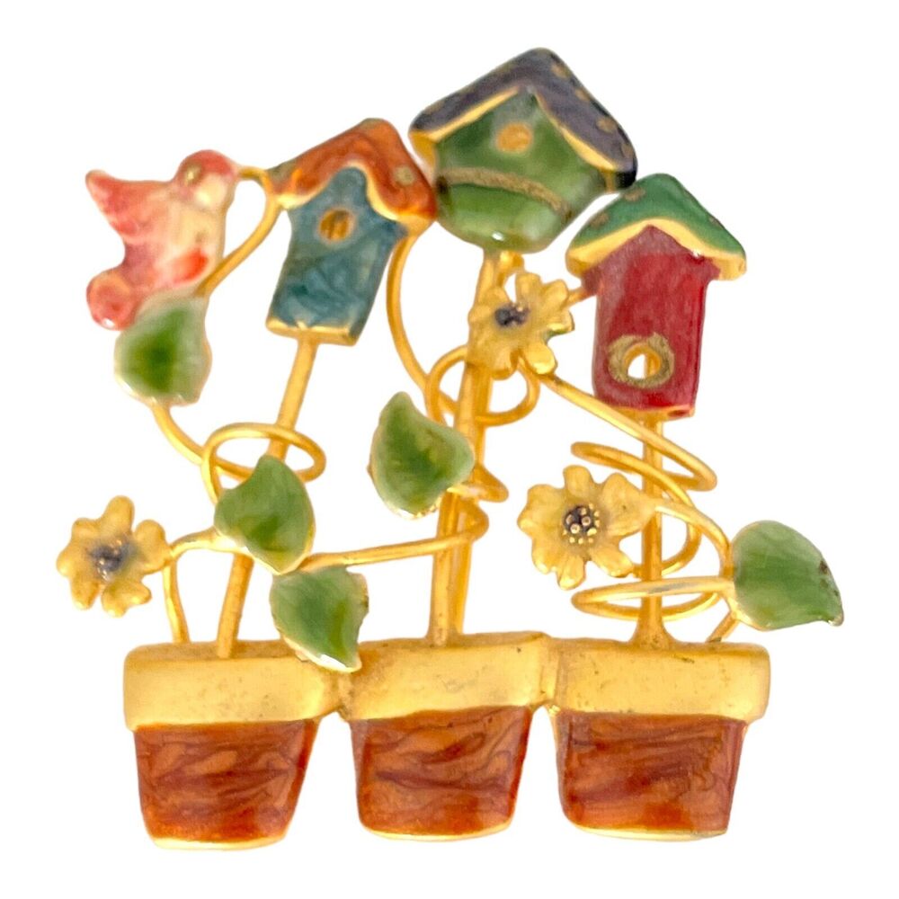 Vintage 1980s Garden Birdhouse Brooch Gold Tone Enamel Pin - 4I